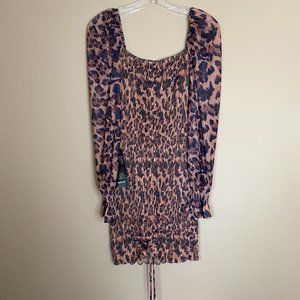 NEW bebe puff sleeve smocked mesh dress